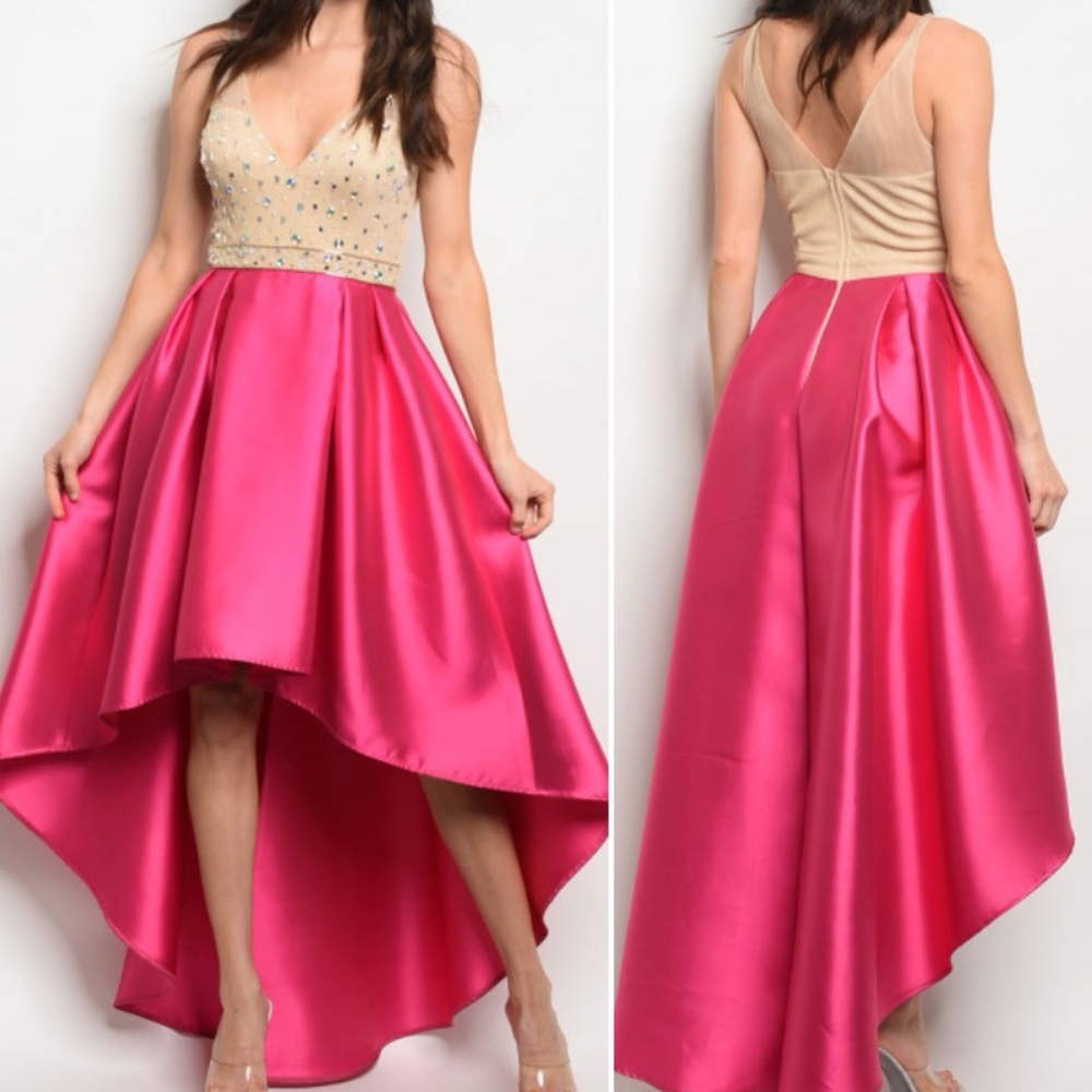 JEWEL EMBELLISHED NUDE & FUSCIA GOWN - Picture 1 of 5